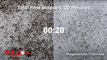 Timelapse video showing how OxyChem PELADOW Premier Snow and Ice Melter melts ice faster than magnesium chloride